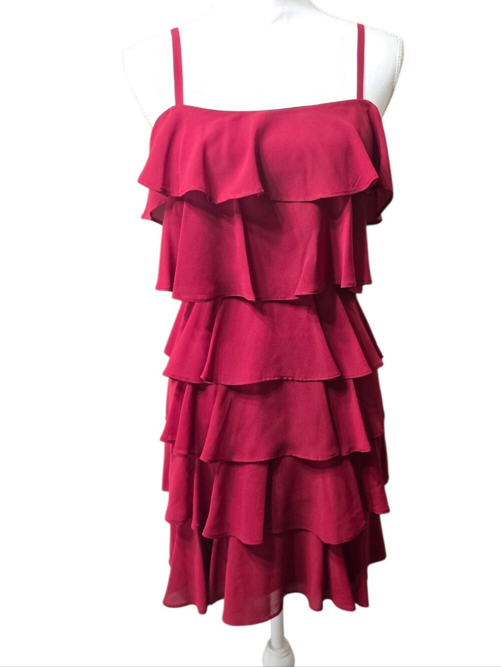 LOFT Tiered Ruffle Spaghetti-Strap Mini Dress in Red